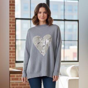 MOEWY Gray Sweater with Silver Sequin and Pearl embellished  Heart size one size